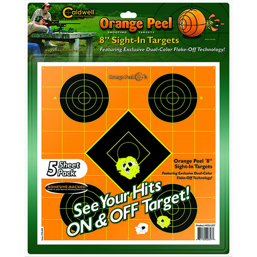 Cele Caldwell Orange Peel® 8" pozwalają łatwo zobaczyć trafienia dzięki technologii flake-off, a ich pomarańczowe tło ułatwia celowanie nawet na dużych odległościach.