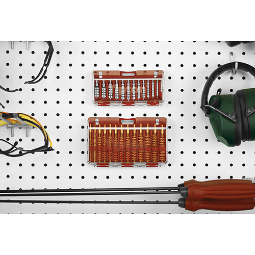 Zestaw Tipton Ultra Jag / Brush zawiera 13 kalibrów-specyficznych szczotek do czyszczenia, w trwałej skrzynce z oznaczonymi miejscami, od .17 do .45.