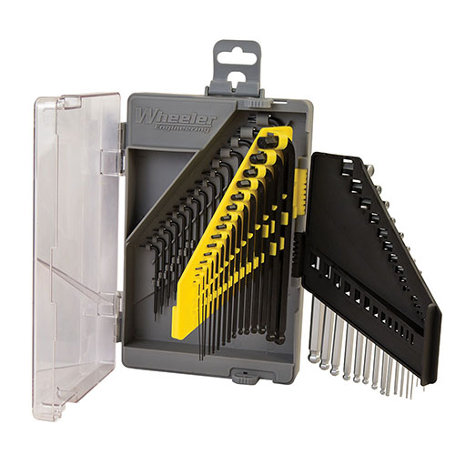 Zestaw kluczy Wheeler 45-elementowy łączy klucze SAE, metryczne Hex i Torx w jednym miejscu, oszczędzając miejsce na warsztacie i ułatwiając pracę.