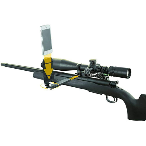 Caldwell Pic Rail Phone Mount umożliwia montaż smartfona na szynie picatinny, idealny do nagrywania akcji lub wyświetlania danych balistycznych, wytrzymała konstrukcja z aluminium.