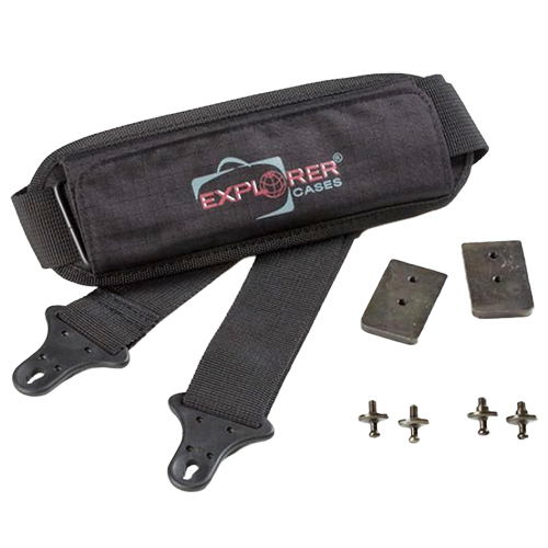 Zestaw EXPLORER CASES Adjustable Shoulder Kit to wygodny pasek na ramię z regulacją długości (106-201 cm) oraz metalowymi płytkami, idealny do wielu modeli.