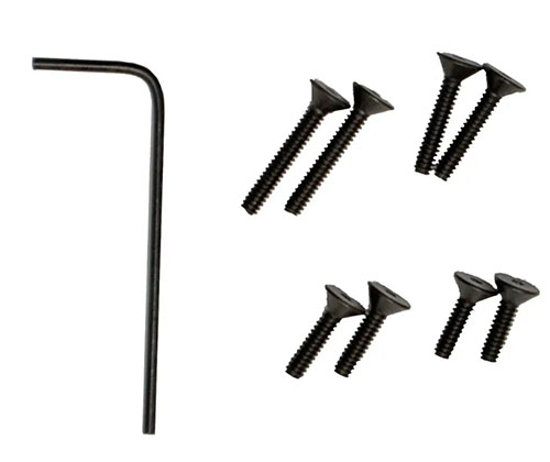 Zestaw śrub do chronografu MagnetoSpeed V3 zawiera 2 śruby w trzech rozmiarach oraz klucz sześciokątny, co ułatwia instalację i naprawę.