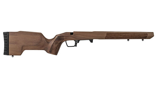 MDT TIMBR CORE łączy piękno i wydajność dzięki ręcznie wykonanej konstrukcji z orzecha, aluminiowemu mikro-chassis i systemowi V-Block dla precyzyjnego dopasowania.