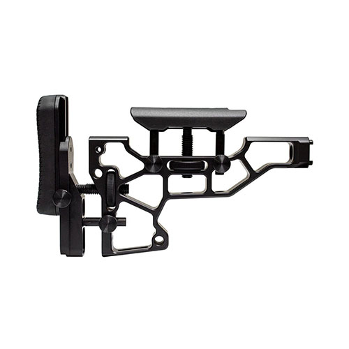 Beznarzędziowa regulacja kolby MDT Skeleton zapewnia komfort i wydajność strzelca, idealne dopasowanie dzięki regulacji w poziomie, pionie i kącie.