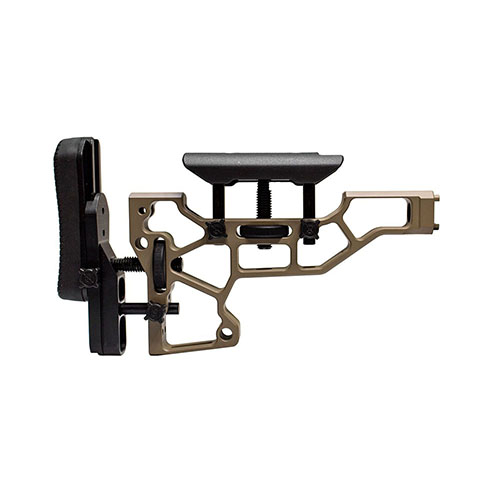 Regulacja beznarzędziowa w kolbie MDT Skeleton zapewnia komfort i wydajność strzelca. Dopasowanie do ACC i ESS (interfejs XTN) dla idealnej pozycji strzału.