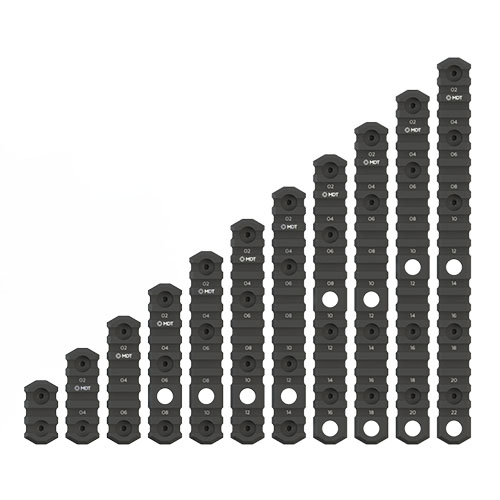 Szyny MDT M-LOK Picatinny wykonane z aluminium 6061-T6, anodowane na czarno, z laserowo wyrytymi znacznikami pozycji i mocowaniem QD dla łatwego montażu akcesoriów.