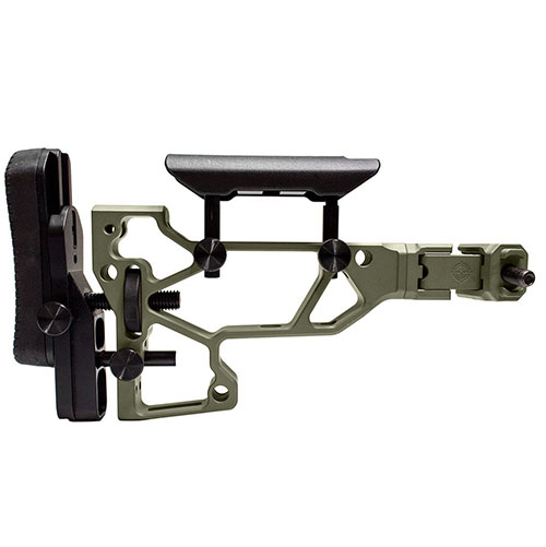 Regulacja beznarzędziowa MDT Skeleton Rifle Stock zapewnia komfort i wydajność, z regulacją wysokości, kąta i szerokości, idealna do chassies ACC i ESS.