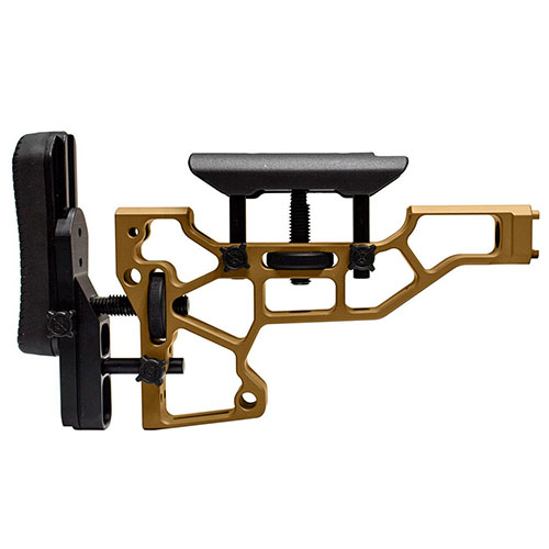 Beznarzędziowa regulacja kolby MDT Skeleton zapewnia komfort i wydajność strzelca, z idealnym dopasowaniem do pozycji strzeleckiej w chassis ACC i ESS (interfejs XTN).