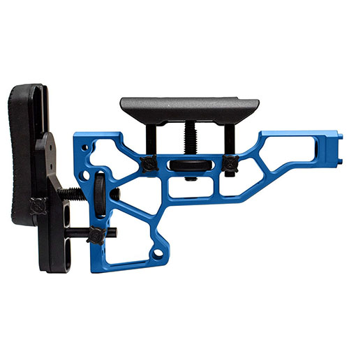 Beznarzędziowa regulacja kolby MDT Skeleton zapewnia wygodę i wydajność strzelca, z idealnym dopasowaniem dzięki regulacji wysokości, poziomu i kąta.