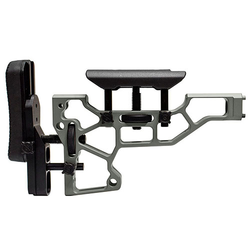 Beznarzędziowa regulacja kolby MDT Skeleton zapewnia komfort i wydajność strzelca, z możliwością dostosowania wysokości, kąta i pozycji poduszki policzkowej.