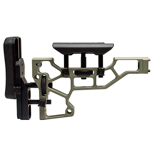 MDT Skeleton Rifle Stock zapewnia beznarzędziową regulację, co zwiększa komfort i wydajność strzelca, idealnie dopasowując się do pozycji strzeleckiej.