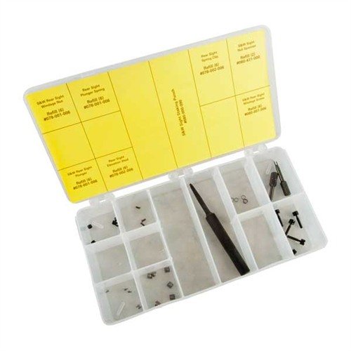 Zestaw SMITH & WESSON DELUXE REAR SIGHT REBUILD KIT zawiera wszystko, co potrzebne do precyzyjnej naprawy i odbudowy tylnych celowników S&W.