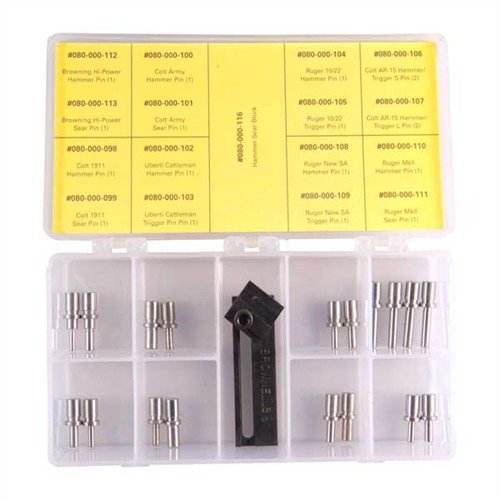 Blok HAMMER/SEAR ułatwia precyzyjne dopasowanie młotka i zapadki poza bronią, oferując doskonały widok oraz zestaw pinów dla popularnych modeli.