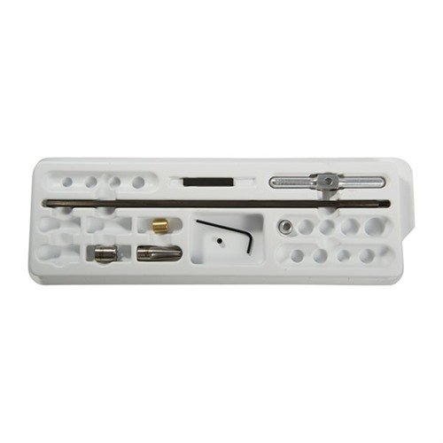 Zestaw 11° .38-.45 INTERMEDIATE CHAMFERING KIT umożliwia precyzyjne wykończenie krawędzi, eliminując rozpryski pocisków dzięki cutterowi i pilotowi w zestawie.