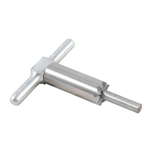 90° cutter z hartowanej stali do precyzyjnego wygładzania i prostowania wylotów broni, z uchwytem i wymiennym pilotem w zestawie.