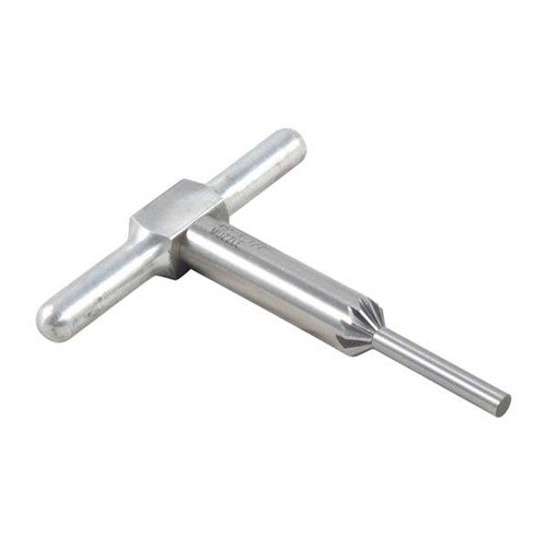 Narzędzie do chamferowania 45° wygładza krawędzie luf i komór bębenka, umożliwiając szybsze ładowanie i czystszy wylot pocisku. Zawiera narzędzie, uchwyt i pilot.