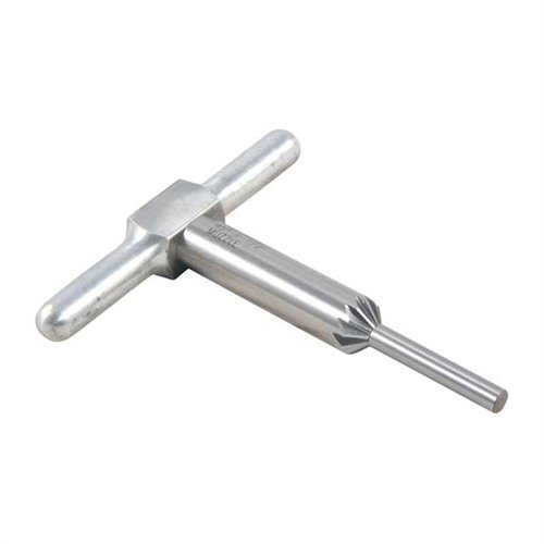 Kuter 45° do fazowania brzegów luf i komór cylindrów zapewnia czysty wylot pocisku oraz szybsze ładowanie w rewolwerach; zestaw zawiera narzędzie, uchwyt i pilot.