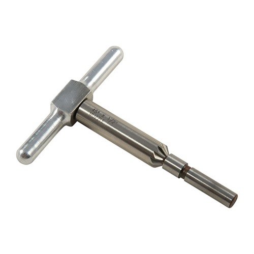 Narzędzie 45° do fazowania końców broni poprawia wyjście pocisku i przyspiesza ładowanie cylindrów w rewolwerach, w zestawie z uchwytem i pilotem.