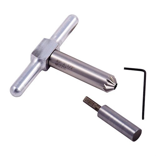 Narzędzie do fazowania 45° wygładza krawędzie wylotów broni, przyspiesza ładowanie cylindrów w rewolwerach, w komplecie z uchwytem i pilotem.