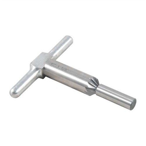 Narzędzie do fazowania 45° wygładza krawędzie luf i komór rewolwerów, zapewniając czysty wylot pocisku i szybsze ładowanie. Zestaw zawiera narzędzie, uchwyt i pilot.