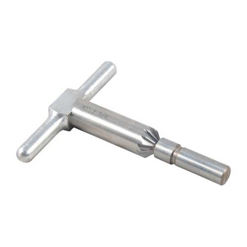 Narzędzie 45° do fazowania brzegów luf i komór cylindrów zapewnia czystsze wyjście pocisku oraz szybsze ładowanie w rewolwerach. Zawiera narzędzie, uchwyt i pilot.