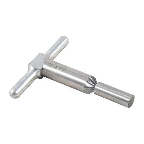 Narzędzie do fazowania 45° wygładza krawędzie w wylotach broni, przyspieszając ładowanie cylindrów w rewolwerach; zestaw zawiera narzędzie, uchwyt i pilot.