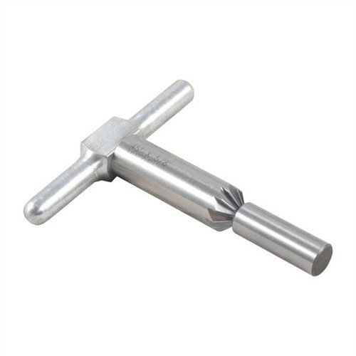 Narzędzie do fazowania 45° wygładza krawędzie luf i komór rewolwerów, przyspieszając ładowanie oraz zapewniając czyste wyjście pocisku.