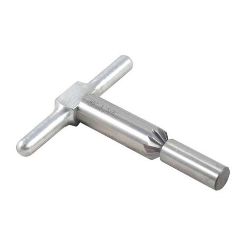 Narzędzie do fazowania 45° wygładza krawędzie luf i komór bębenka, umożliwiając szybsze ładowanie i czystsze wyjście pocisku. Zestaw zawiera narzędzie, uchwyt i pilot.