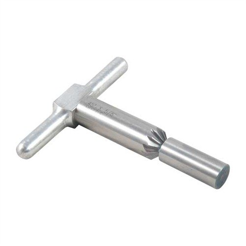 Narzędzie do fazowania 45° wygładza krawędzie luf i komór rewolwerów, przyspieszając ładowanie, a wymienne piloty umożliwiają użycie w różnych kalibrach.