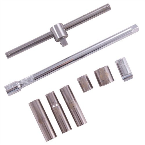 Kompletny zestaw STOCK TAKEDOWN zawiera wszystkie niezbędne narzędzia do usuwania śrub kolby i zapobiega uszkodzeniom, ułatwiając pracę w warsztacie.