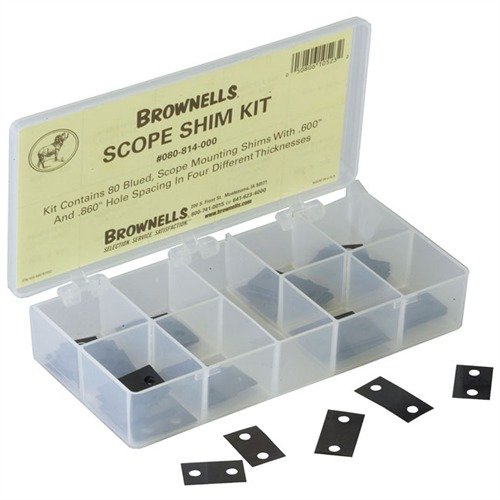 Zestaw SCOPE SHIM KIT od BROWNELLS to ekonomiczne rozwiązanie, które zapewnia pełen wybór shimów do precyzyjnego dopasowania montażu lunety.