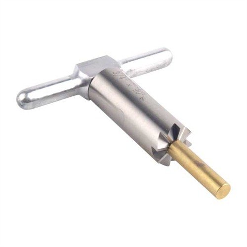 90° MUZZLE FACING CUTTER z twardej stali umożliwia precyzyjne prostowanie wylotów broni, a wymienne piloty pozwalają na użycie do różnych kalibrów.