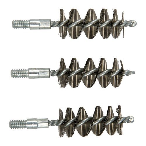 Zestaw 3 szczotek do czyszczenia lufy z nierdzewnej stali, idealny do usuwania ciężkich zanieczyszczeń. Wysoka jakość i wygodne pakowanie.