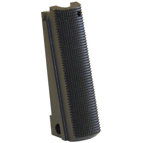 Płaski housing do sprężyny głównej 1911 z 25 lpi checkering zapewnia doskonałą kontrolę chwytu, idealny do konkurencji i taktyki, dostępny w stali i wykończeniu naturalnym.