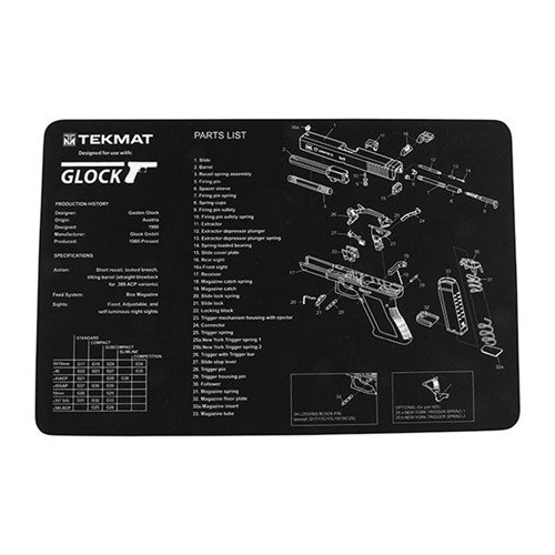 Tekmat Pistol Gun Mat chroni wykończenie broni podczas czyszczenia, ma diagram części, a antypoślizgowa podstawa zapobiega przesuwaniu się maty.