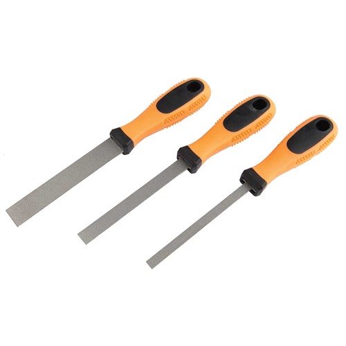 Zestaw 3 el. DIAMOND-COATED FLEXIBLE FLAT FILE od RAMRODZ INC. oferuje różnorodne rozmiary i ergonomiczne uchwyty, idealne do precyzyjnego szlifowania.
