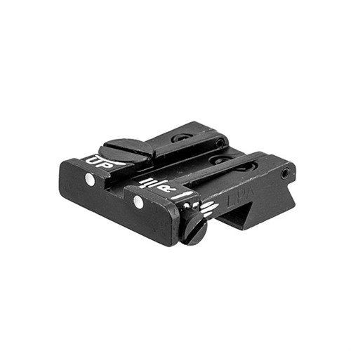Regulowana tylna muszka L.P.A. łatwo pasuje do popularnych pistoletów, umożliwiając precyzyjne ustawienia w pionie i poziomie bez wymiany przedniej muszki.