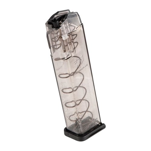 Przezroczyste magazynki ETS do Glock® oferują doskonałą widoczność, łatwe sprawdzanie liczby nabojów oraz wyjątkową odporność chemiczną i termiczną.