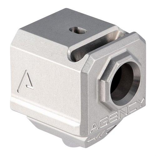 Kompenator Agency Arms 417S z gwintem 1/2x28, z pojedynczym portem wentylacyjnym i otworem na przyrząd celowniczy, kompatybilny z Glock 17, 19 i 34.