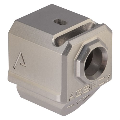 Kompenator Agency Arms 417S z pojedynczym otworem wentylacyjnym, kompatybilny z Glock® Gen 4, umożliwia przeniesienie przedniego celownika i wykorzystuje OEM recoil spring.