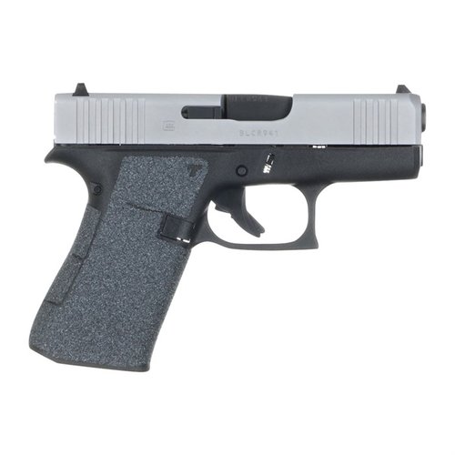 TALON Grips do Glock 43X/48 zapewniają pełne pokrycie paneli bocznych, wysokie pokrycie na tylnym uchwycie oraz pełne pokrycie pod osłoną spustu.