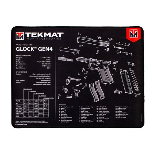 TekMat Ultra 20 to wodoodporny i trwały mata do czyszczenia pistoletów z diagramami, ułatwiająca demontaż i montaż broni.