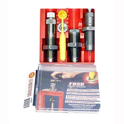 Zestaw 3-dies PACESETTER 300 PRC zawiera die do pełnego wymiaru, die do osadzania pocisków, die do crimpowania, uchwyt uniwersalny oraz instrukcje.
