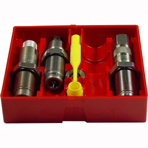 Zestaw die'ów Lee Steel 3-Die Pistol Set do .50 AE zawiera die do pełnego rozmiaru, die do osadzania pocisków oraz die do rozszerzania proszku, co zapewnia precyzyjne ładowanie.