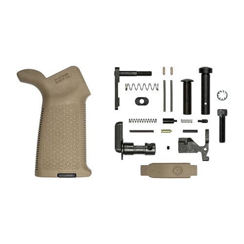 Zestaw AR-15 MOE Lower Parts Kit bez grupy kontrolnej, zawierający komponenty do montażu, w tym chwyt Magpul MOE, dostępny w kolorze FDE.
