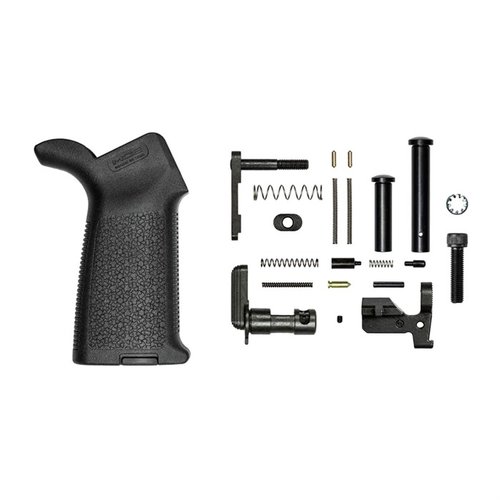 Zestaw M5 Lower Parts Kit od Aero Precision z chwytem Magpul MOE w kolorze czarnym, zawiera wszystkie niezbędne elementy do montażu dolnej części receivera AR-308.