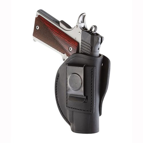 4-Way Holster z certyfikowanej amerykańskiej skóry zapewnia różne opcje noszenia (pionowo, poziomo, cross-draw, IWB) oraz możliwość dopasowania do małych świateł i laserów.