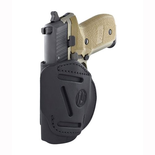 4-Way Holster z certyfikowanej amerykańskiej skóry zapewnia wszechstronny sposób noszenia (pionowo, poziomo, cross-draw, IWB) oraz możliwość dopasowania do małych świateł i laserów.