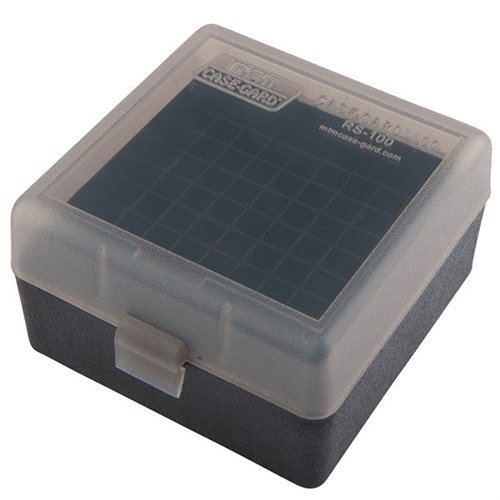 Pudełko na amunicję MTM CASE-GARD 223-RUGER 6X47 100 ROUND, wykonane z wytrzymałego polipropylenu, z mechanicznym zawiasem i blokadą Snap-Lock, idealne do strzelectwa.