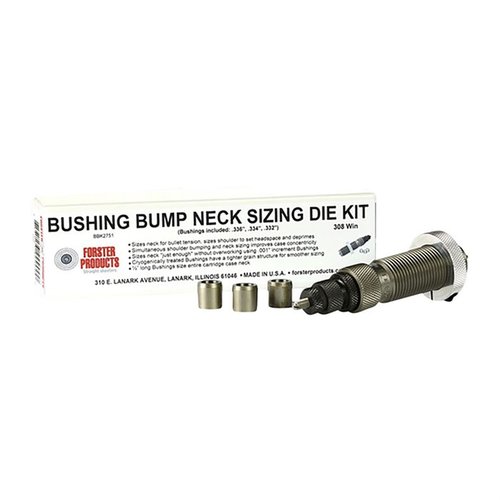 Zestaw Bushing Bump Neck Die Kit 6.5 PRC od Forster umożliwia precyzyjną kontrolę napięcia na szyjkach nabojów dzięki dopasowanej, ręcznie polerowanej die i trzema bushingami.